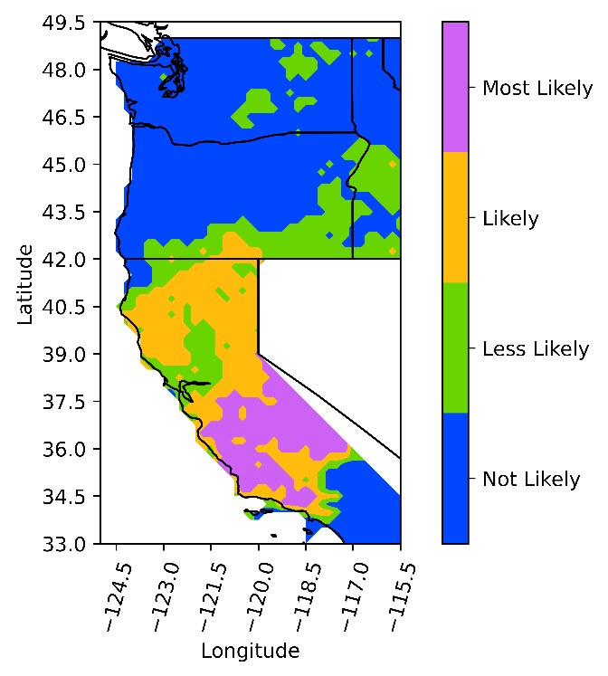 LEARN2 categorical decision-support map of the U.S. West Coast showing Most Likely to Not Likely extreme-rainfall categories